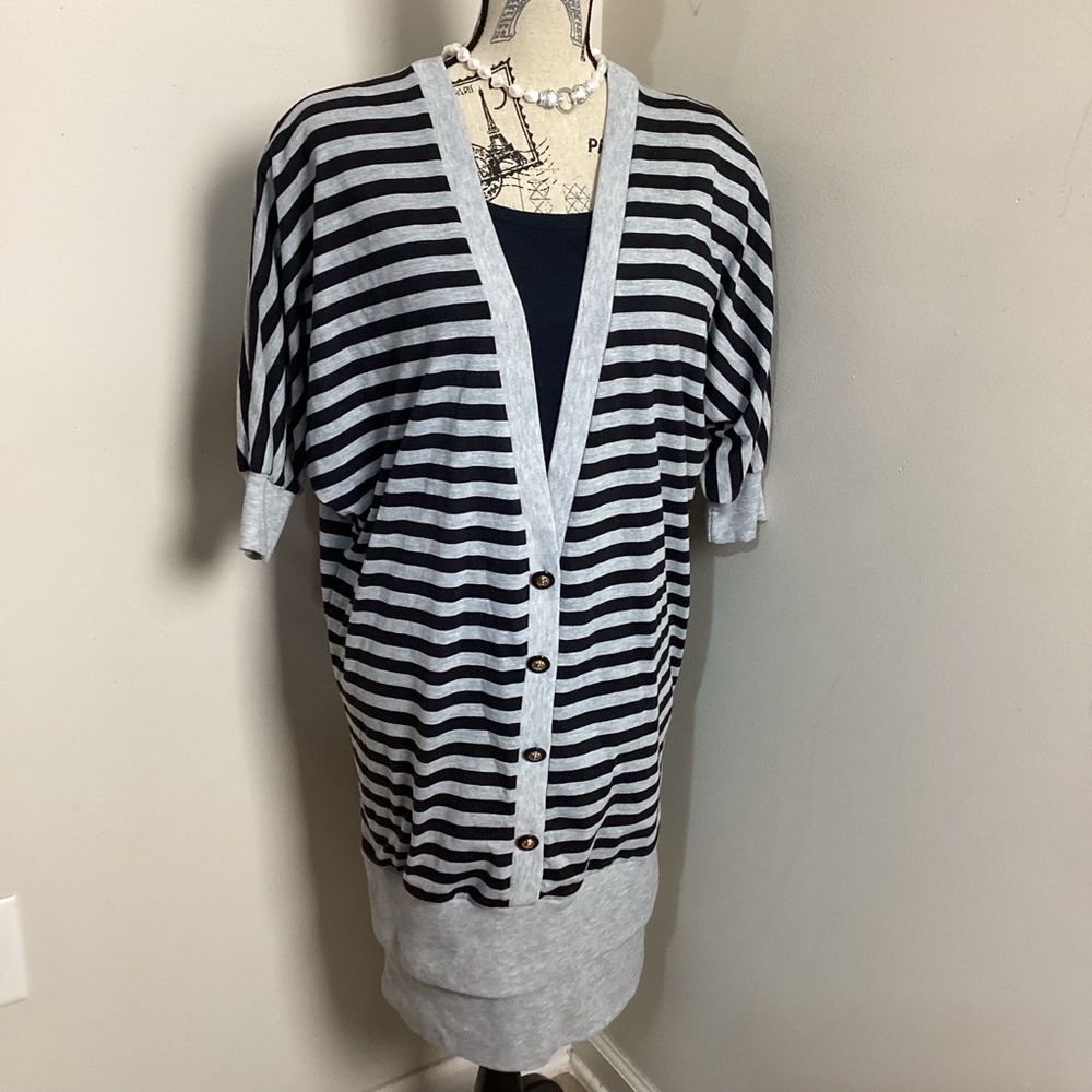 .117 Simple Addition Women’s Grey Black Stripes Sweater (Cardigan) Midi Dress